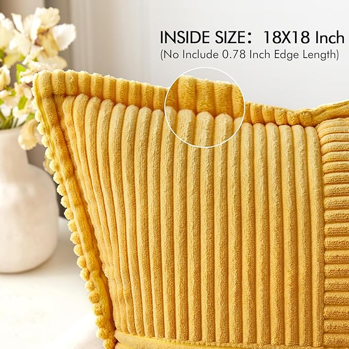 MIULEE Golden Yellow Corduroy Pillow Covers 18x18 Inch with Splicing Set of 2 Soft Boho Striped Pillow Covers Broadside Decorative Textured Summer Pillowcases for Couch Cushion Bed Livingroom