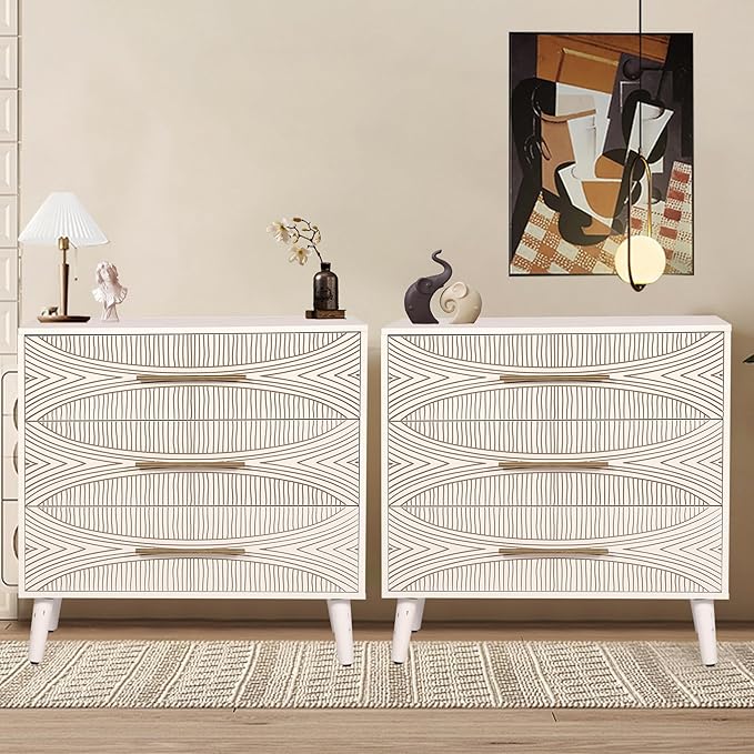 3 Drawer Dresser Set of 2, White Dresser for Bedroom, Chest of Drawers with Metal Handle, Including 2 Drawer Nightstand Set of 2 for Bedroom, Enterway, Texture White, 2 PCS