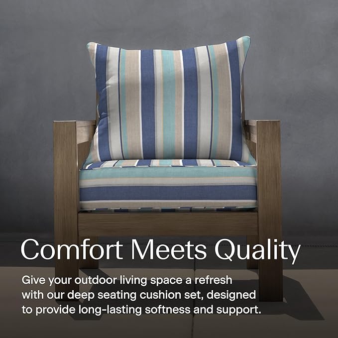 Honeycomb Outdoor Deep Seat, 24 x 23, Stripe Blue & Beige Chair Cushion for Patio Furniture