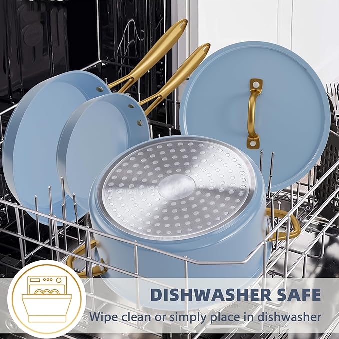 Pots and Pans Set - VONIKI Healthy Ceramic Cookware Set with Cooking Utensils Set, Non Toxic Kitchen Cookware Sets, Nonstick Cooking Pot Induction Cookware, Dishwasher Safe, Oven Safe, PFAS-Free, Blue