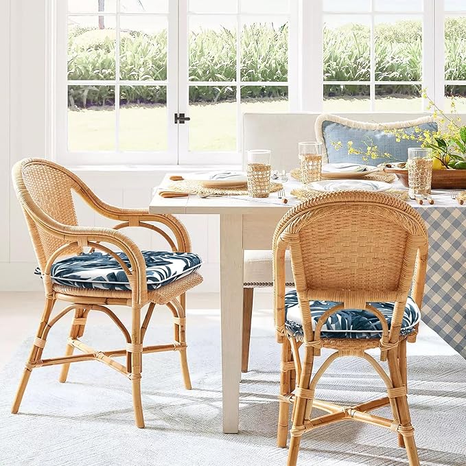 Set of 2 Outdoor Chair Cushions with Ties,Water Repellent Patio Chair Pads 17"x 16" for Outdoor Furniture,Round Corner Seat Cushions for Garden Yard Kitchen Palm Blue