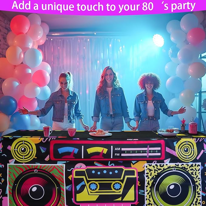 8FT 80s 90s Theme Party Tablecloth, 80s 90s Decorations for Back to 80s 90s Hip Hop Birthday Party