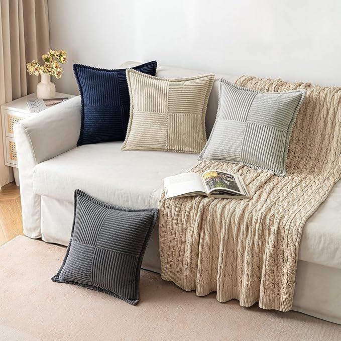 MIULEE Decorative Lumbar Throw Pillow Covers for Couch Bed Livingroom 12x20 Inch Set of 2 Cream Boho Accent Throw Pllows Broadside Striped Patchwork Soft Corduroy Pillowcases