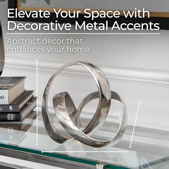 Metal Decorative Object – Minimalist Shelves & Coffee Table Decor – Aluminum Knot Sculpture Modern Home Decor for Office, Bedroom & Living Room – 8" x 7", Silver