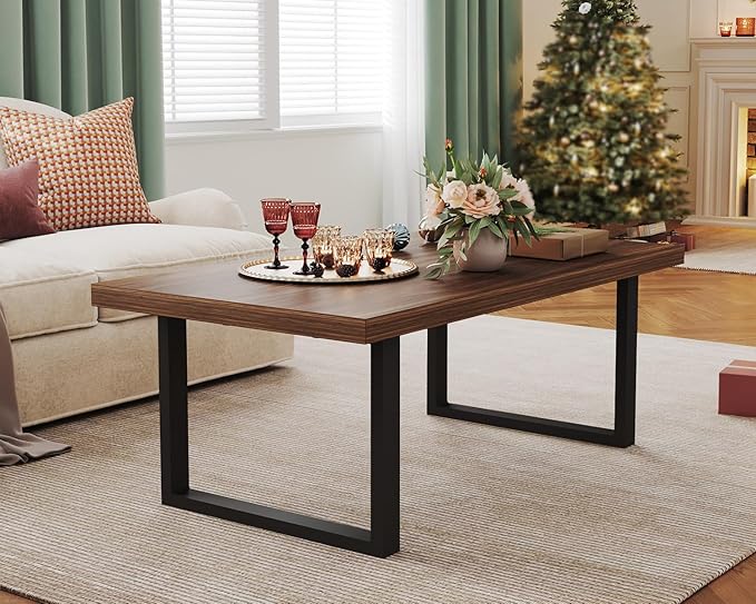 IBF Rustic Coffee Table, Simple Vintage Center Table, Minimalist Industrial Living Room Table, Farmhouse Wood and Metal Rectangle Tea Coffee Table for Home Bedroom Office, Walnut, 47 Inch