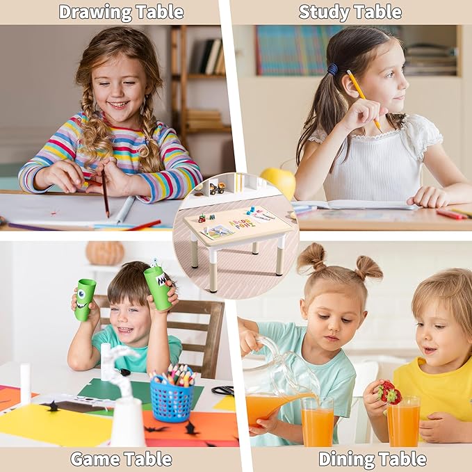 Adjustable Kids Table, Arts and Crafts Child Table with Graffiti Desktop, 7 Level Height Adjustable Children Table for Ages 3-8, Easy to Wipe Toddler Desk for Classrooms/Daycares/Homes