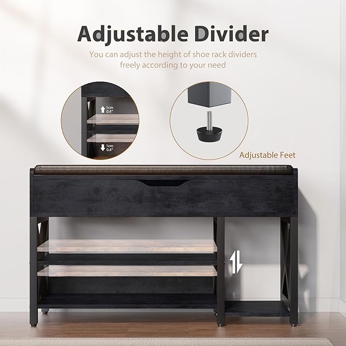 Shoe Bench, Lift Top Shoe Storage Bench, Adjustable Shelf Entryway Bench with Padded Cushion for Entry, Closet, Living Room, Hallway, 2-Tier Shoe Rack Organizer(Black, 39.5“W)