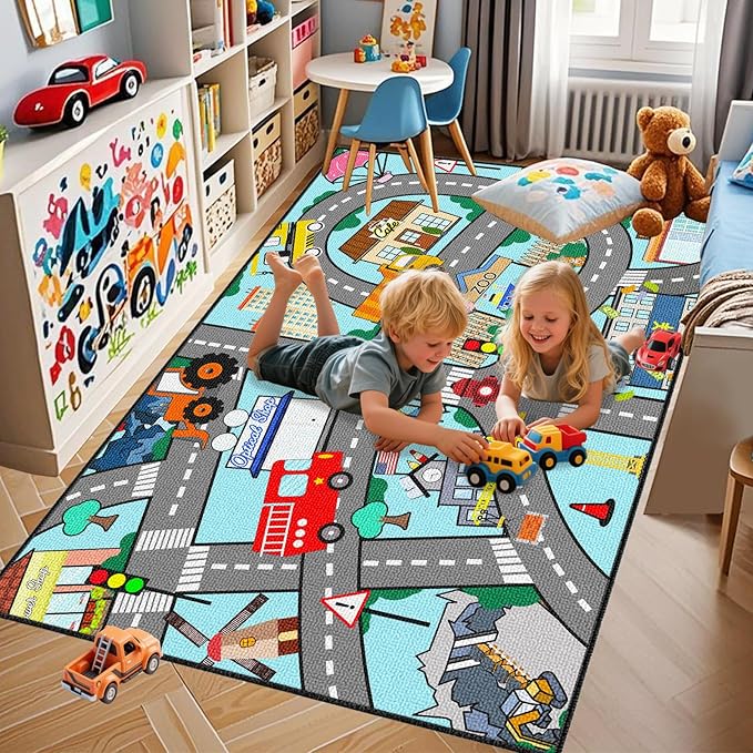 Car Track Rug - Car Rugs for Kids Toy Cars City Life Car Road Rug Large Kids Play Mat Car Carpet for Boys Girls Playroom Living Room Bedroom Classroom, 5'×7'