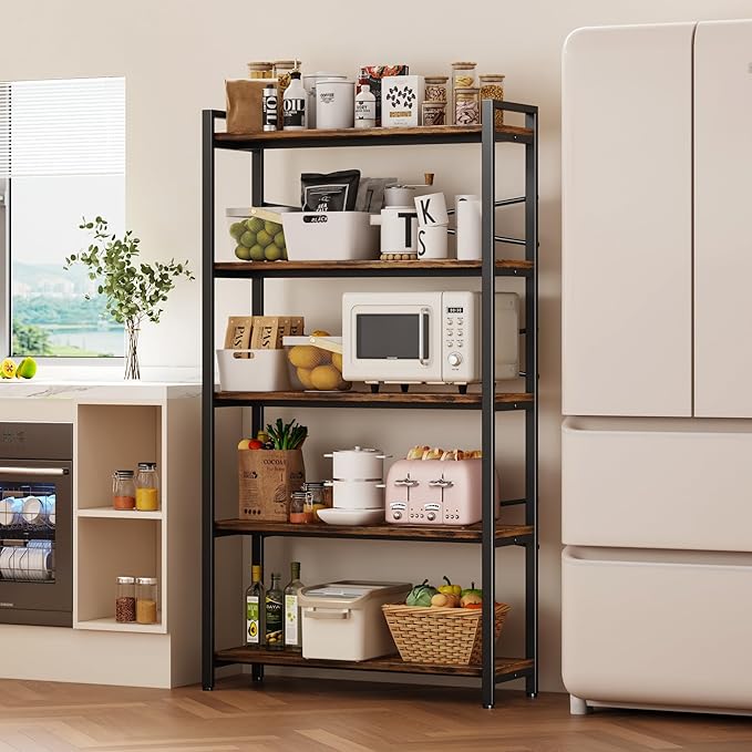 5 Tier Bookshelf 31.49" Width, Book Organizers and Storage, Wood and Metal Tall Bookcase, Rustic Book Shelf Organization and Storage for Home Living Room Bedroom Office Storage(Rustic Brown)