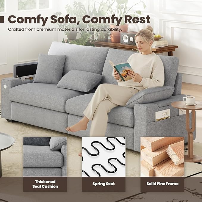 89" Loveseat Sofa, Cloud Foam Couch, 3 Seater Upholstered Midcentury Mondern Love Seat with USB Type C Ports, 4 Pillows and Flip-Open Storage Armrest for Living Room/Small Spaces, Grey