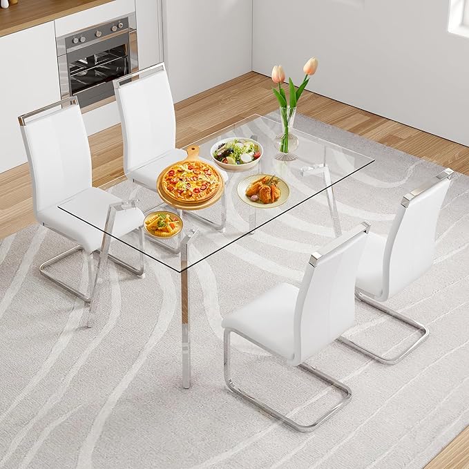 Glass Dining Table Set for 4,Rectangle Dinner Table with 4 White Leather Kitchen Chairs,51 in Kitchen Room Dining Set,0.31” Tempered Glass Table Top with Silver Metal Legs,4 Dining Chairs