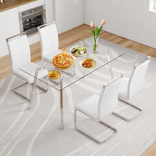 Glass Dining Table Set for 4,Rectangle Dinner Table with 4 White Leather Kitchen Chairs,51 in Kitchen Room Dining Set,0.31” Tempered Glass Table Top with Silver Metal Legs,4 Dining Chairs