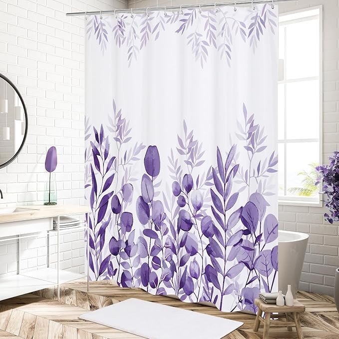 MitoVilla Purple Eucalyptus Shower Curtain, Plant Leaves Fabric Cloth Shower Curtains for Rustic Vintage Bathroom Decor, Modern Chic Botanical Shower Curtain, 72x72