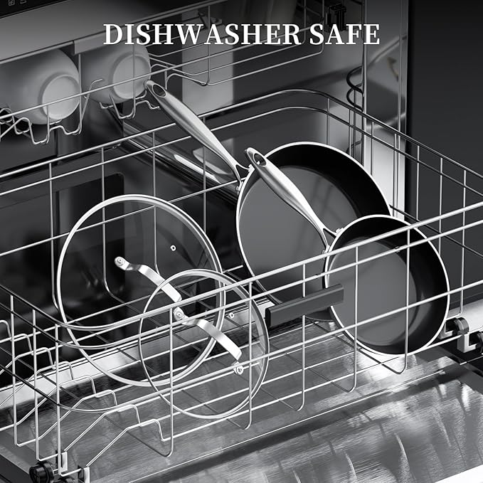 Stainless Steel Frying Pan Set with Lid 8.6inch and 12inch Titanium Ceramic Nonstick Frying Pan Kitchen Cookware Set Skillet with Stay-Cool Handle Non Toxic PFOA Free Suitable for All Stove