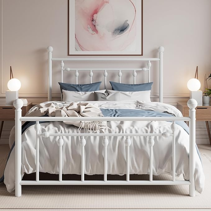 SHA CERLIN 14'' Queen Size Metal Platform Bed Frame/Victorian Headboard and Footboard/Steel Slats Mattress Foundation for Storage/No Box Spring Needed/Noise Free/White