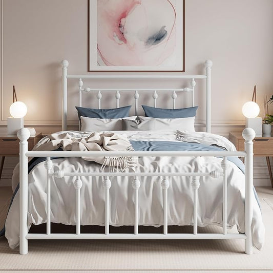 SHA CERLIN 14'' Queen Size Metal Platform Bed Frame/Victorian Headboard and Footboard/Steel Slats Mattress Foundation for Storage/No Box Spring Needed/Noise Free/White