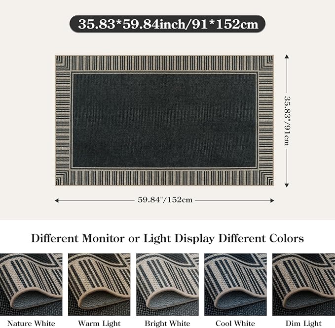 OJIA Easy Jute 3x5 Outdoor Rug Front Door Mats Washable Rugs for Entryway, Striped Border Black Rug Non-Slip Indoor Doormat Outdoor Porch Rug Farmhouse Area Rug for Outside Patio Living Room