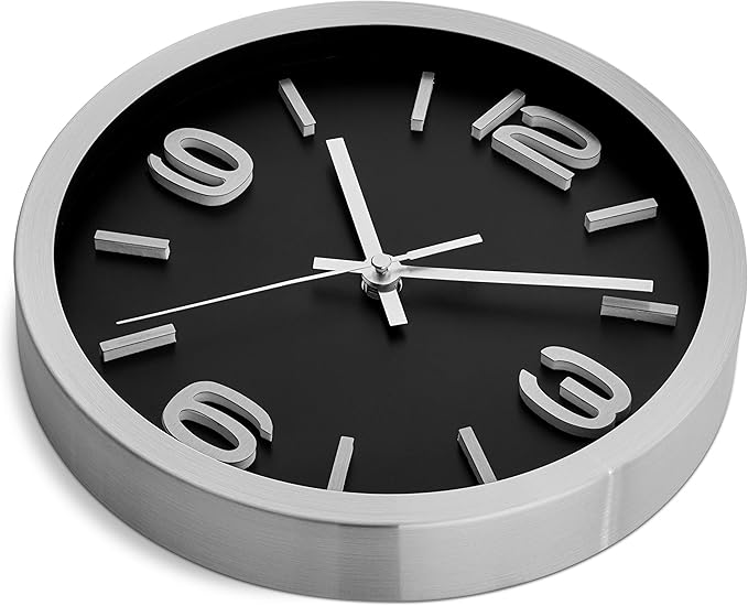 Bernhard Products Modern Wall Clock 10 Inch Black & Silver Silent Non Ticking Battery Operated Metal Round Elegant Quality Quartz, Kitchen Home Office Clock with 3D Numbers, Easy to Read