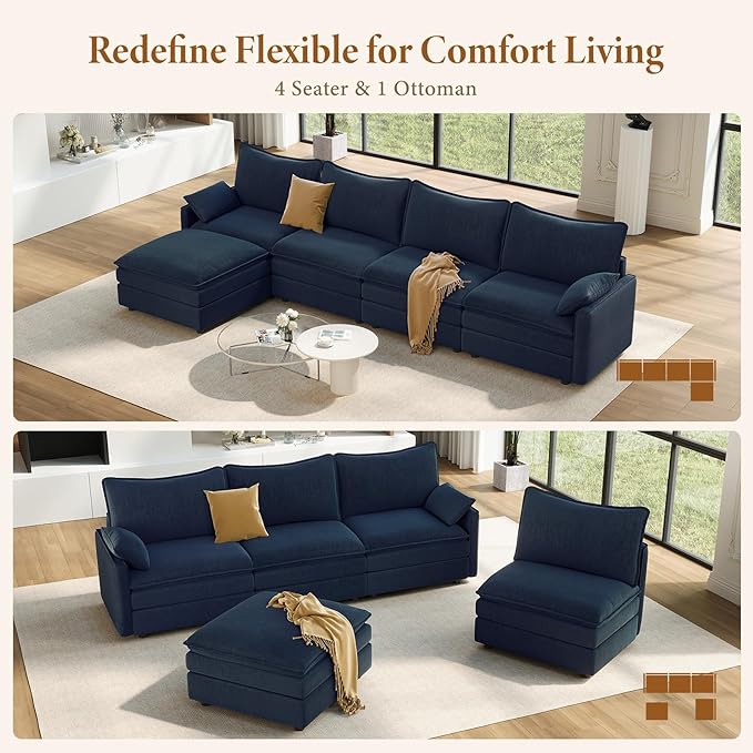 Vesgantti 142" Cloud Couch Sectional Modular Sofa, Comfy Sectional Couch with Ottoman Deep Seat Chenille L Shaped Sofa, Modular Couches for Living Room, Bedroom and Apartment, Blue