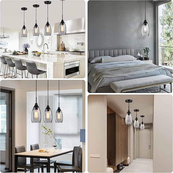 Mini Glass Pendant Light,4.72" Black Glass Hanging Light 3-Pack Handblown Clear Black Seeded Shade Adjustable Cord Ceiling Light Fixture for Kitchen Island Sink