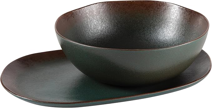 Bloomhouse Palermo Sun 2 Piece Serving Bowl and Oval Platter Stoneware Reactive Glaze Serveware Set - Agave Blue