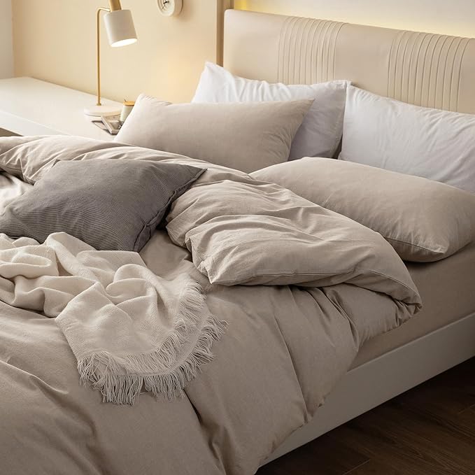 JIYUAN 100% Washed Cotton Duvet Cover Set 3 PCS Cal King, 1 Duvet Cover 104"x98" (Comforter Not Included) and 2 Pillowcases,Linen Feel Bedding Set Comfy and Breathable, Heathered Tannish Linen Grey