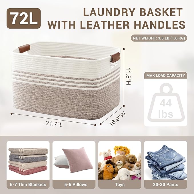 Laundry basket with leather handles for clothes,blankets,pillows,toys,towels,suitable for bedrooms and living rooms,cotton woven laundry hamper,extra large gift basket,22"x17"x12",Beige Brown