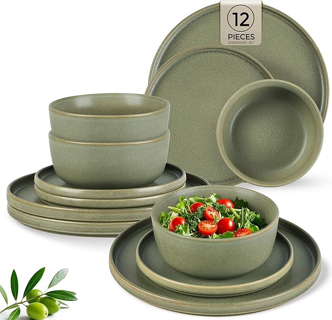 AmorArc Stoneware Dinnerware Sets for 4,Reactive Ceramic Plates and Bowls Set,Highly Chip and Crack Resistant | Dishwasher & Microwave Safe | Round Dishes Set Service for 4 (12pc)