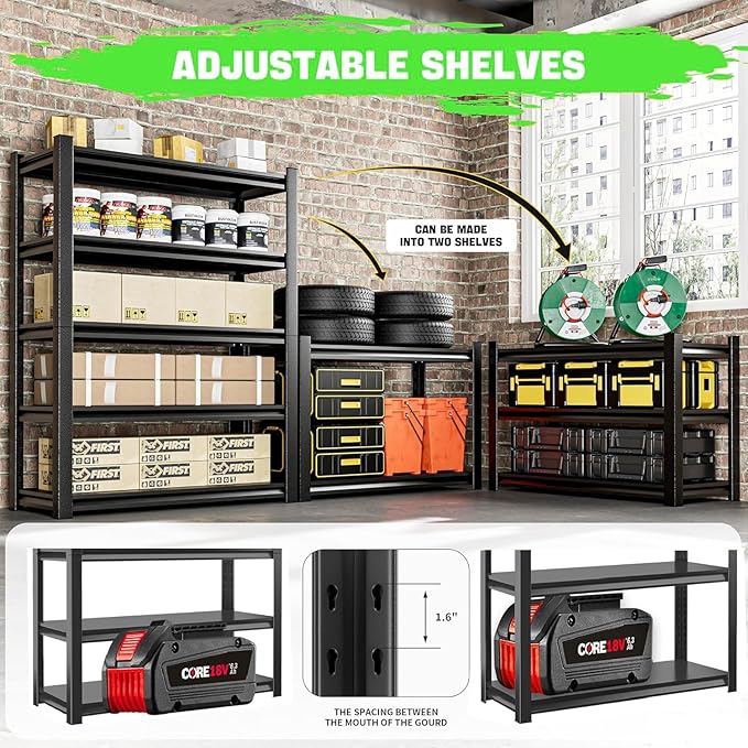 63" H Heavy Duty Garage Shelving Unit – 3000 lbs 5-Tier Adjustable Metal Storage Rack, Tool-Free Assembly, Rustproof Steel Organizer for Basement, Pantry, Warehouse, 45" W × 17.7" D × 63" H
