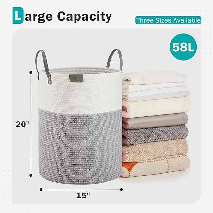 Cotton Rope Laundry Hamper by YOUDENOVA, 58L - Woven Collapsible Laundry Basket - Clothes Storage Basket for Blankets, Laundry Room Organizing, Bedroom Storage, Clothes Hamper – White & Grey