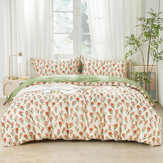 SAPHREAS King Size Red Tulips Floral Duvet Cover Set 3pcs Garden Style Green Leaves Soft Cozy Bedding Comforter Cover Set 100% Cotton 1 Duvet Cover 104"x90" 2 Pillow Shams, Comforter Not Included