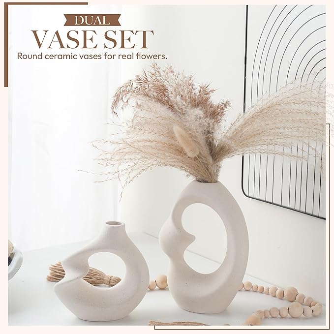 Set of 2 Romantic Hollow Ceramic Vases for Home Decor – Modern Minimalist Romantic Flower Vase for Pampas Grass Perfect for Entryway, Coffee Table, Living Room, Dining Table, Shelf Decor
