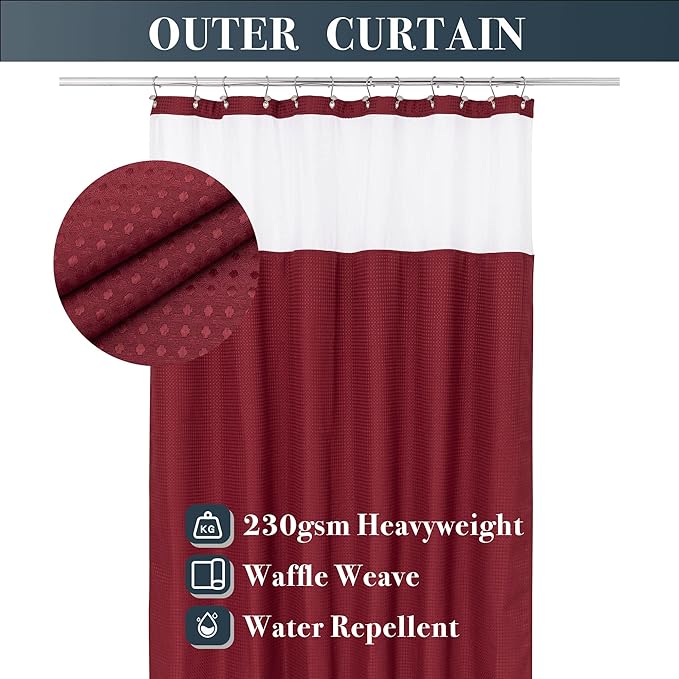 N&Y HOME Waffle Weave Shower Curtain with Snap-in Fabric Liner & 12 Metal Hooks Set - Hotel Style, Waterproof & Washable, Heavyweight Fabric & Mesh Top Window - 71x72, Wine Red