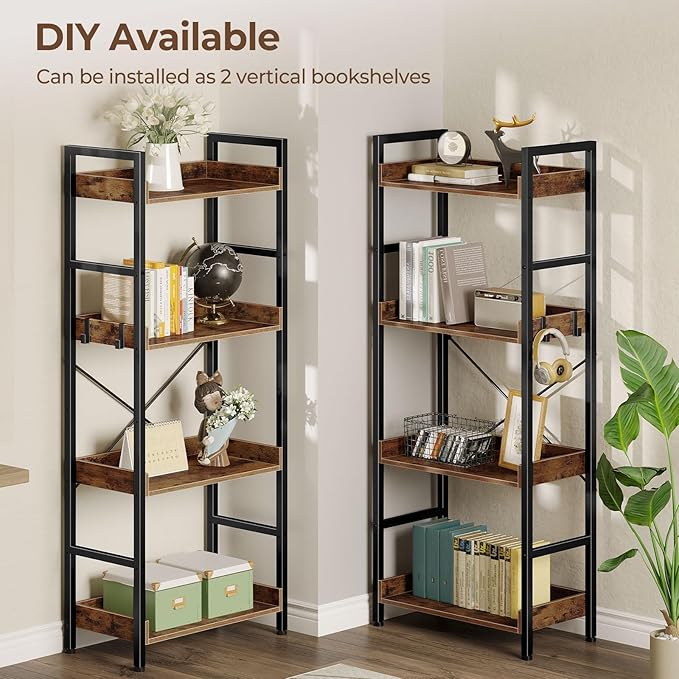 Rolanstar Bookshelf 4 Tiers with 4 Hooks, Triple Bookcase with Open Display Shelves, Industrial Wide Bookshelf with Metal Frame for Living Room, Office, Rustic Brown