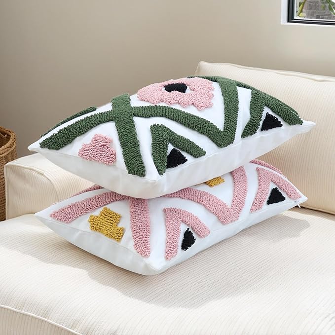 Boho Accent Lumbar Pillow Covers 12x20 - Tufted Abstract Modern Throw Pillow Covers, Farmhouse Decorative Pillowcase for Couch, Sofa, Bed, Living Room -Pink Black Orange Geometric