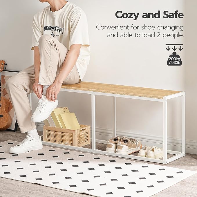 HOOBRO Dining Bench, 47.2 Inch Industrial Style Kitchen Table Bench, Steel Frame, Easy to Assemble, for Kitchen, Dining Room, White and Natural WN12CD01