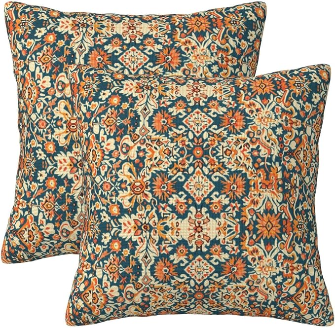 Navy Blue Orange Carpet Pattern Pillow Covers 20x20 Inch Set of 2, Boho Ethnic Style Fall Outdoor Decorative Throw Pillows Vintage Cushion Covers for Sofa Bed Couch Living Room Decor