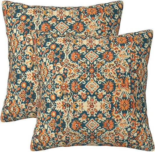 Navy Blue Orange Carpet Pattern Pillow Covers 20x20 Inch Set of 2, Boho Ethnic Style Fall Outdoor Decorative Throw Pillows Vintage Cushion Covers for Sofa Bed Couch Living Room Decor