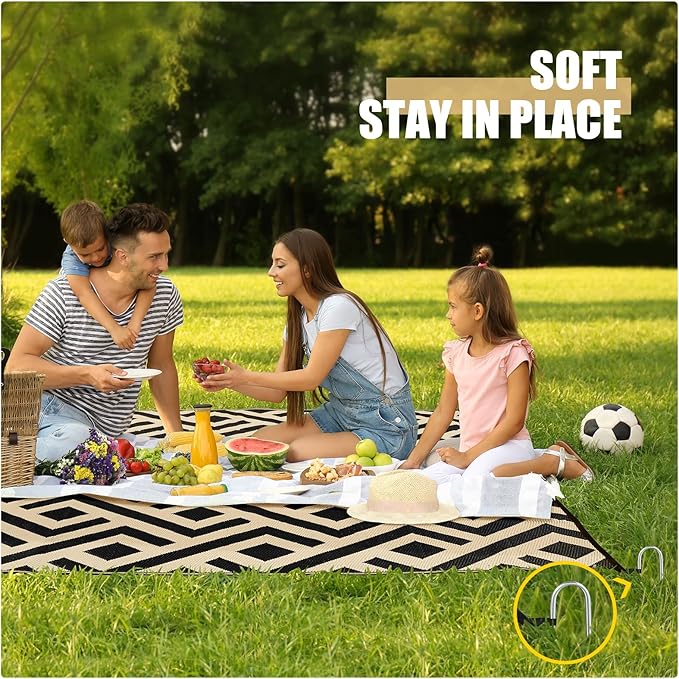 Terrug Outdoor Rug Waterproof 8x10 Ft, Foldable Outdoor Plastic Straw Rug, UV Reversible Patio Rug Decor, Outdoor Area Rug for Camping, RV, Porch, Deck, Backyard, Balcony, Picnic, Black & Beige