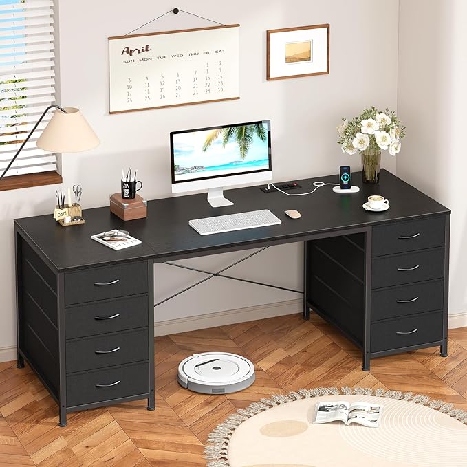 60 Inch Computer Desk with 8 Drawers, Home Office Desk with Power Outlets, Work Study Gaming Desk with 8 Fabric Drawers, Black