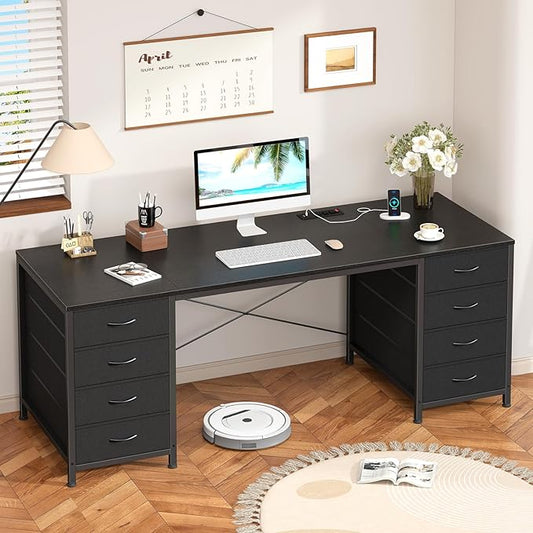 60 Inch Computer Desk with 8 Drawers, Home Office Desk with Power Outlets, Work Study Gaming Desk with 8 Fabric Drawers, Black