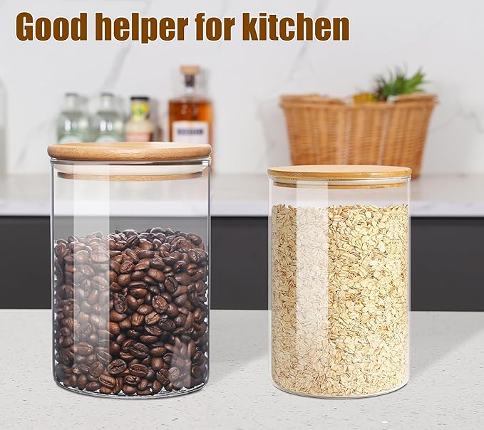 33 oz Glass Food Storage Jars with Airtight Lids, Clear Glass Jar with Bamboo Lid, Airtight Food Canister for Tea, Candy, Coffee, Sugar, Cookie, Snack. (Round | 5+6 Inch) SET of 3