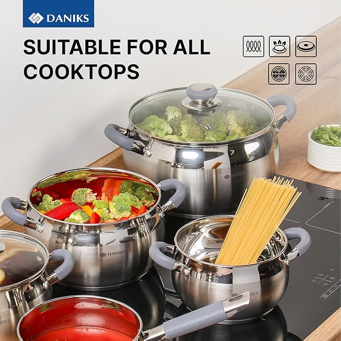 Daniks Modern Stainless Steel Stock Pot with Glass Lid – Induction 7 Quart, Dishwasher Safe, Heatproof Handles, For Soup, Pasta, Stew, Silver