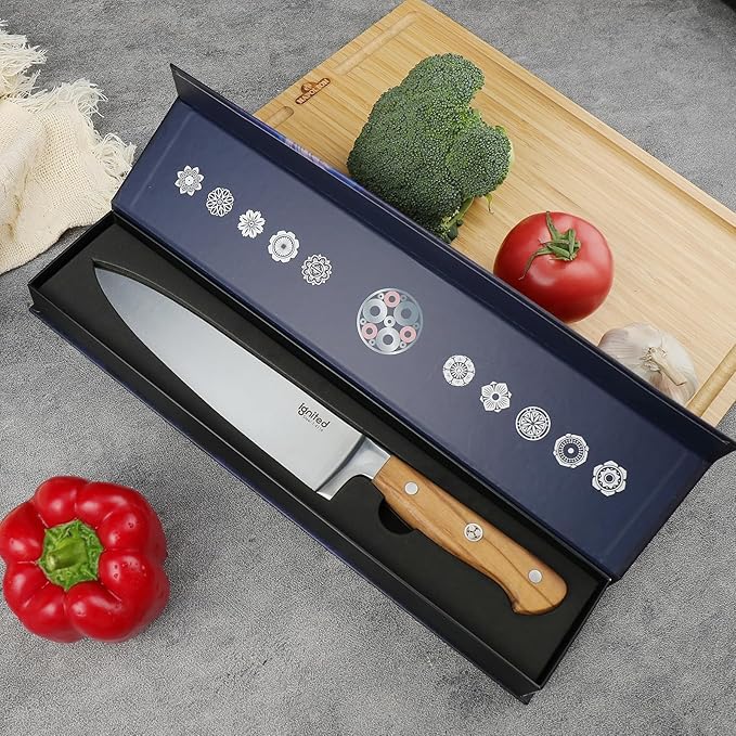 8 Inch Chef Knife, 1.4116 German High Carbon Steel Chef's Knife, Chefs Knife with Ergonomic Olive Wood Handle, Professional Full Tang Kitchen Knife with Gift Box