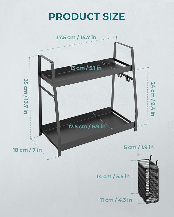 OROPY 2 Tier Spice Rack for Countertop, Metal Standing Kitchen Storage Organizer Shelf, Counter Shelf for Cabinet,Pantry,Bathroom,Bedroom, with Hanging Basket