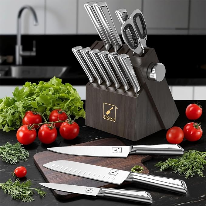 imarku Kitchen Knife Set with Block and Built-in Sharpener, Japanese Stainless Steel 14-Piece Knife Set with Utility Knife, Dishwasher Safe, Non-Slip Ergonomic Handles, Essential Gift for Home Cooks