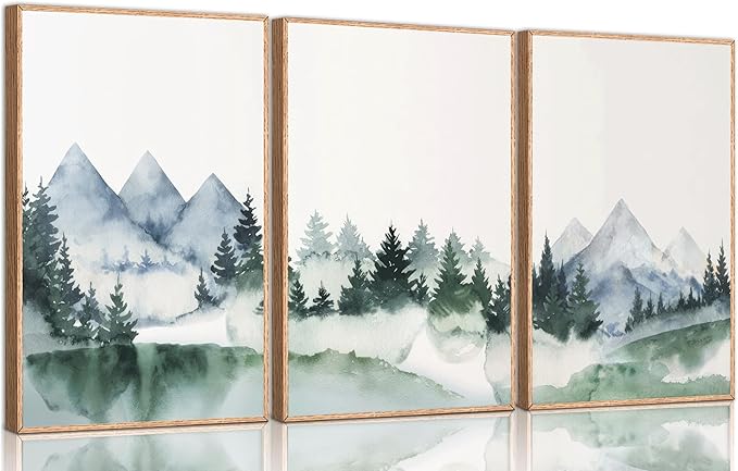 3Pcs Modern Mountains Canvas Wall Art Green Watercolor Misty Pine Forest Nature Minimalism Abstract Landscape Painting Picture Wall Decor Poster Print Artwork for Living Room Bedroom Office Unframed
