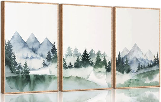 3Pcs Modern Mountains Canvas Wall Art Green Watercolor Misty Pine Forest Nature Minimalism Abstract Landscape Painting Picture Wall Decor Poster Print Artwork for Living Room Bedroom Office Unframed