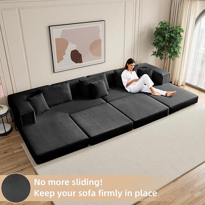 Rovibek 118" 5-in-1 Memory Foam Boneless Sectional Couch, Modular Convertible Sleeper Sofa Bed, Full Size No Assembly Required DIY Combination, Oversized Lazy Sofa with Fixed Frame Black