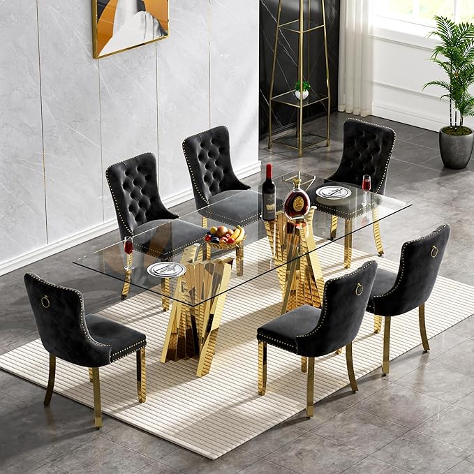 Goujxcy Modern 7 Piece Glass Dining Table Set Luxury Glass Kitchen Table and Chair Set for 6, 70" Large Rectangular Dining Room Table with 6 Tufted Chairs and Stainless Steel Legs (Gold & Black)